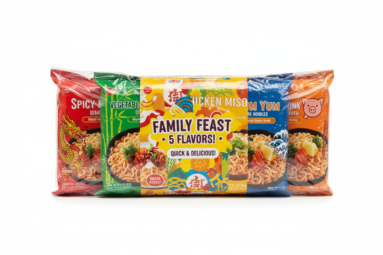 Generate a instant noodle family bundle which has 5 packet of noodles inside it