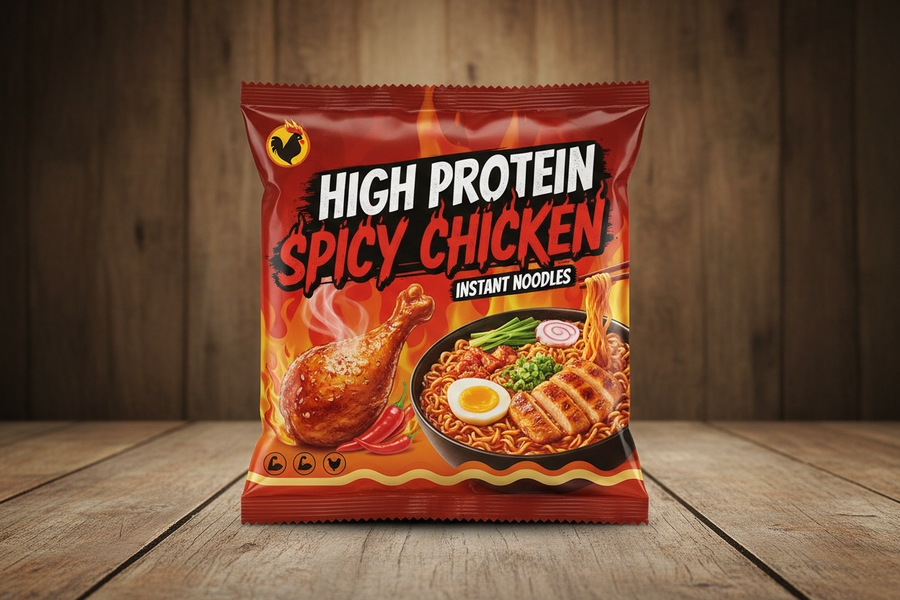 Packet of instant noodles that says high protein and spicy chicken